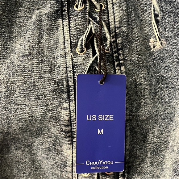 Denim Lace Front Mini Dress - Picture 3 of 12